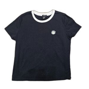 Rue 21 Ringer T-Shirt Embroidered Daisy Black White Women's Size Medium